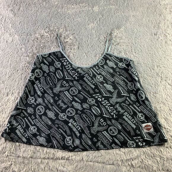 Harley Davidson Shirt Womens Large Black Gray Tank Top Silk All Over Print Logos - Picture 2 of 10